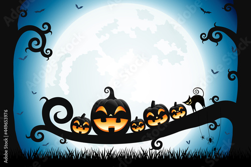 Halloween smiling pumpkin faces and spooky trees with moonlight on blue background.