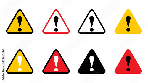 Warning sign set. Vector Illustration of various colors triangle road signs with exclamation mark inside. Caution icon vector design template isolated on white background. Attention. Danger zone.