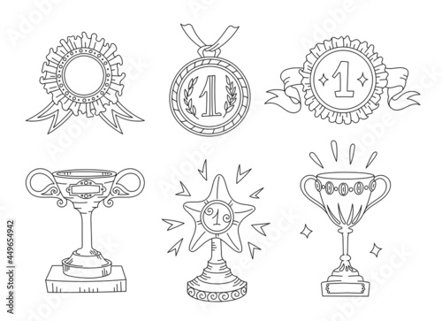 First place, top achievement. Awards cups and medals. Icon set. Hand-drawn sketch. Outline contour line. Open paths. Editable stroke.