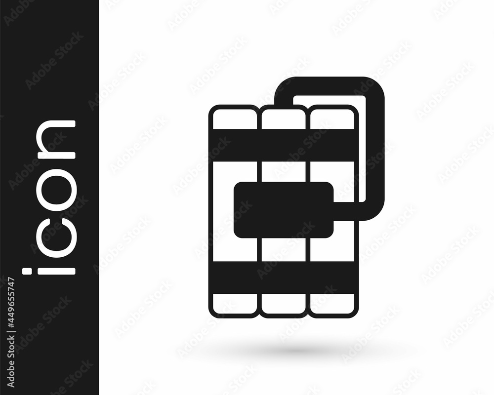 Black Detonate dynamite bomb stick and timer clock icon isolated on white background. Time bomb - explosion danger concept. Vector