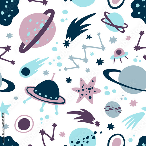 Vector space seamless pattern with hand drawn cosmic elements: star, planet, constellations, comets, galaxies. Flat kids vector illustration on white background. © Екатерина Роменская