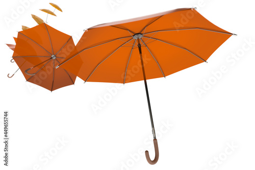 Many orange umbrellas gone with the wind. 3d rendering illustration with red yellow parasols which flying at the air with the storm weather isolated on white background. Dramatic autumn art concept.