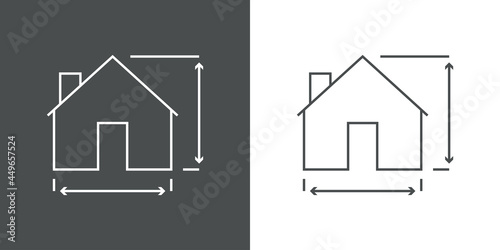 Estudio de arquitectura. Icono plano de papel con casa con medidas con lineas en fondo gris y fondo blanco