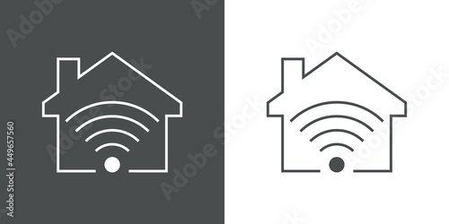 Sistemas inteligentes para el hogar. Logotipo silueta de casa con ondas inalámbricas con lineas en fondo gris y fondo blanco