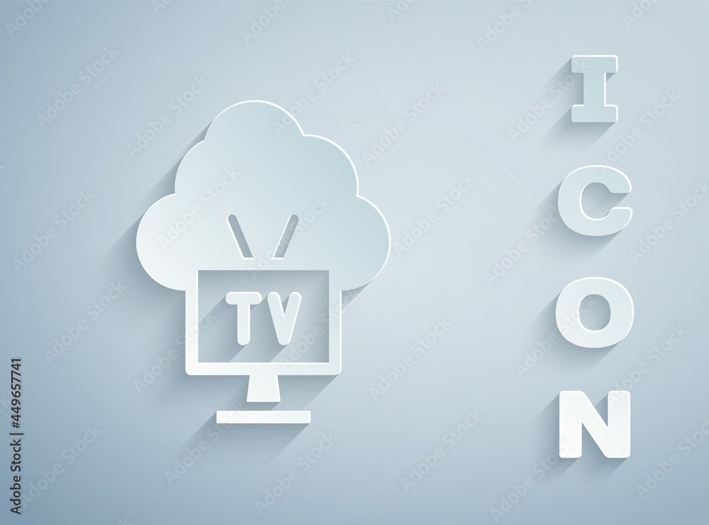 Paper cut Smart Tv icon isolated on grey background. Television sign. Paper art style. Vector Paper cut Smart Tv icon isolated on grey background. Television sign. Paper art style. Vector