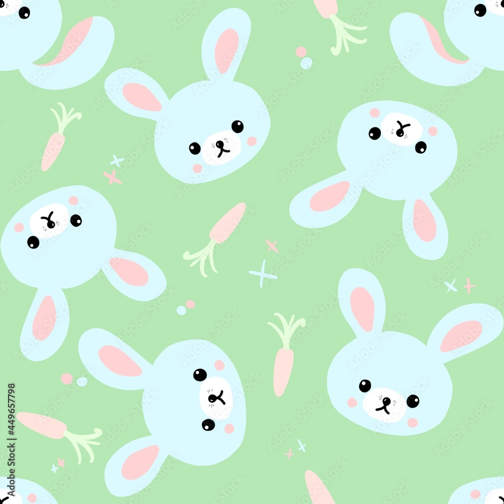 Seamless pattern with cute bunnies, carrots and other elements. Design for clothing, fabric and other items. The illustration is hand-drawn with live lines in the cartun style.