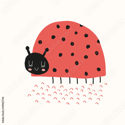 Cute Hand Drawn Nursery Vector Illustration with Funny Red Ladybug ideal for Card, Poster, Wall Art. Lovely Boho Art with Dotted Lady Bird Isolated on a Cream Background. Kids Room Decoration.
