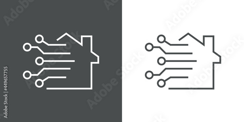 Tecnología electrónica. Casa con circuito digital con lineas en fondo gris y fondo blanco