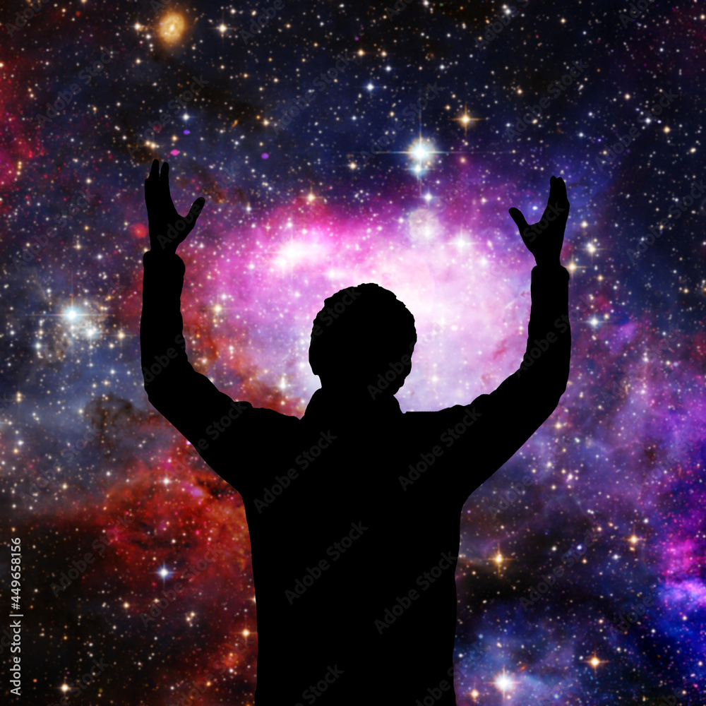 man in front of the universe, spiritual energy and soul searching concept