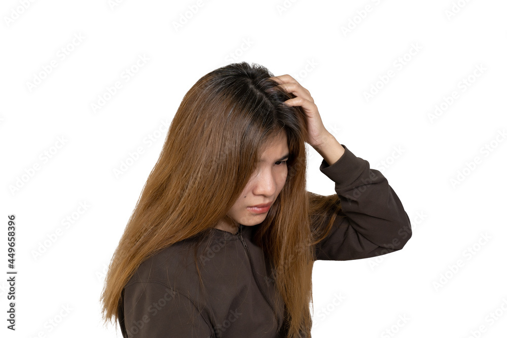 Young woman serious and stressed and hold the head with hand effected to headache and gray hair on white background Young woman serious and stressed and hold the head with hand effected to headache and gray hair on white background