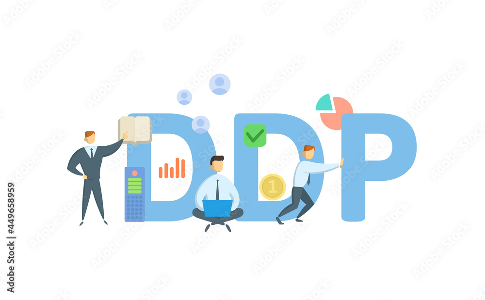 DDP, Delivered, Duty Paid. Concept with keywords, people and icons. Flat vector illustration. Isolated on white.