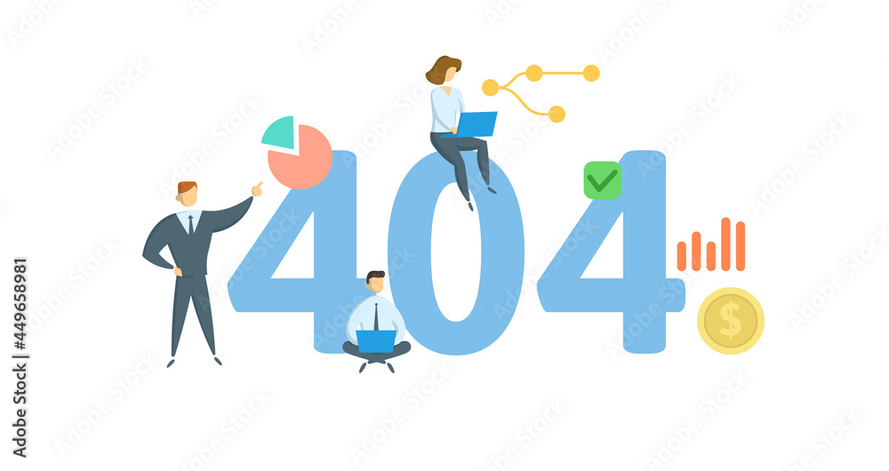404, the HTTP error response status for Not Found. Concept with keywords, people and icons. Flat vector illustration. Isolated on white. 404, the HTTP error response status for Not Found. Concept with keywords, people and icons. Flat vector illustration. Isolated on white.