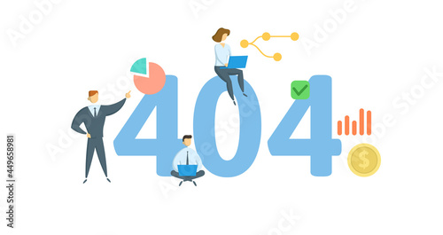 404, the HTTP error response status for Not Found. Concept with keywords, people and icons. Flat vector illustration. Isolated on white.