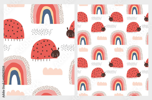 Cute Hand Drawn Nursery Vector Patterns with Funny Red Ladybugs, Clouds and Rainbows. Lovely Childish Print with Dotted Lady Birds and Rainbows of Irregular Shape Isolated on a White Background.