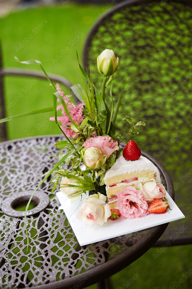 Flower decoration on a piece of cake Flower decoration on a piece of cake