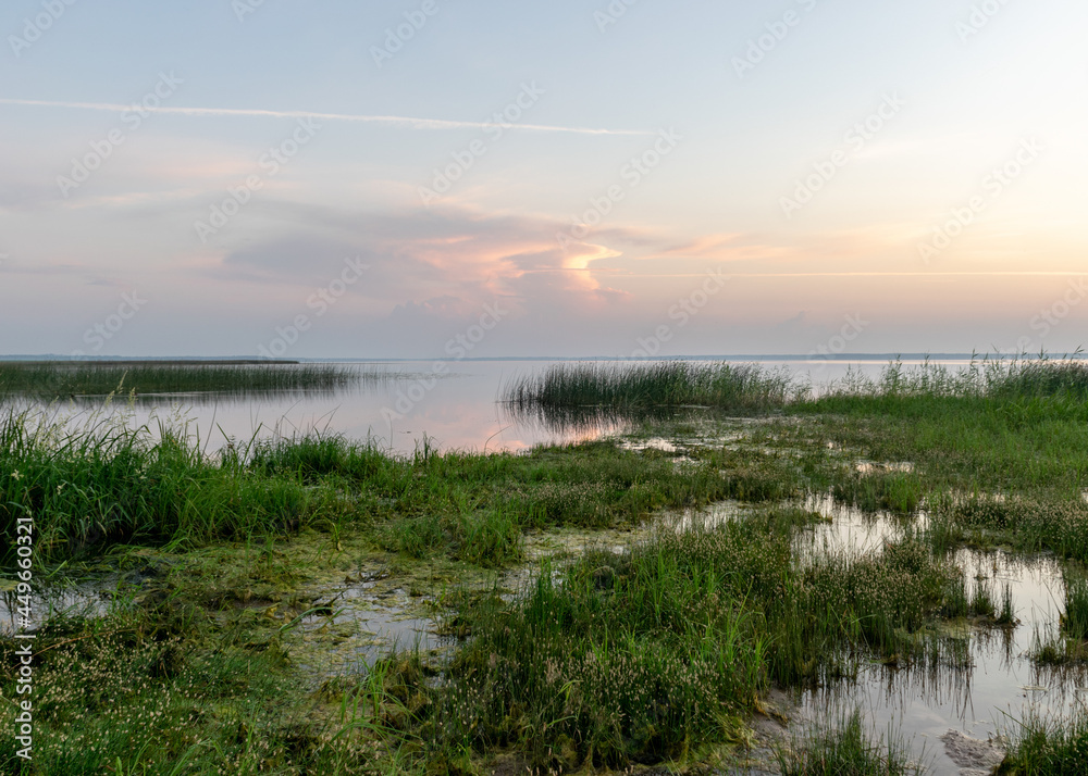 summer landscape on the shore of the lake at dawn, colors in the sky before sunrise, Lake Burtnieki, Latvia summer landscape on the shore of the lake at dawn, colors in the sky before sunrise, Lake Burtnieki, Latvia