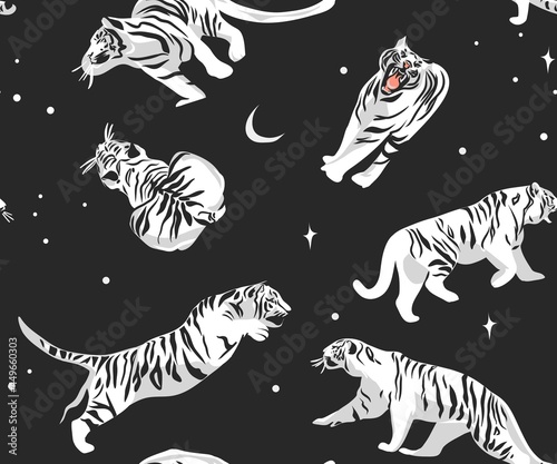 Hand drawn vector abstract stock modern graphic illustrations safari bohemian contemporary seamless pattern print with exotic wild white tigers animals moon and stars striped texture.