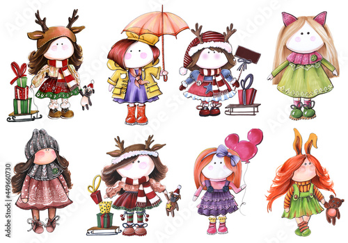 cartoon style kids cards seasons set of illustrations of dolls in different clothes and seasons with toys holidays new year on white background