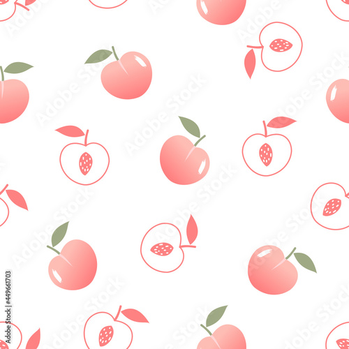 Seamless pattern with peach fruit and green leaves on pastel background vector. Cute fruit print.