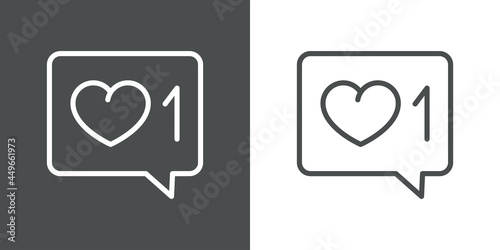 Nuevo mensaje favorito. Logotipo con corazón y número 1 con lineas en burbuja de habla en fondo gris y fondo blanco
