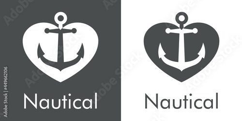 Logotipo con texto Nautical y ancla de barco con corazón en fondo gris y fondo blanco