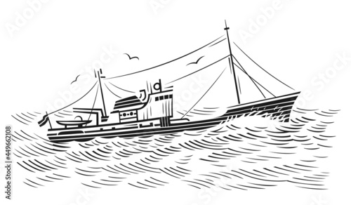 Vintage fishing boat monochrome illustration for label/prints etc. Vector.  photo