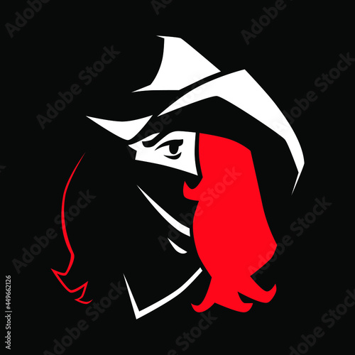 Red-haired masked cowgirl outlaw symbol on black backdrop. Design element