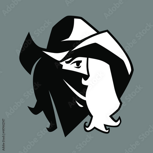 Black and white cowgirl portrait symbol on gray backdrop. Design element