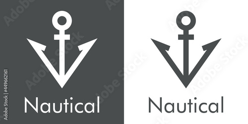 Logotipo con texto Nautical y ancla de barco con forma de flecha con lineas en fondo gris y fondo blanco