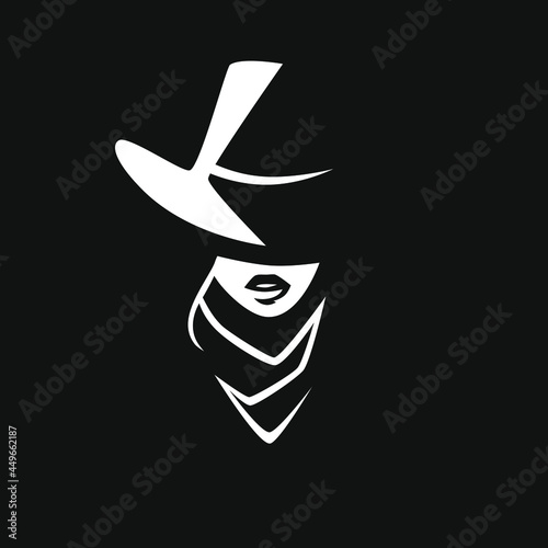 Cowgirl portrait symbol. White symbol on black backdrop. Design element