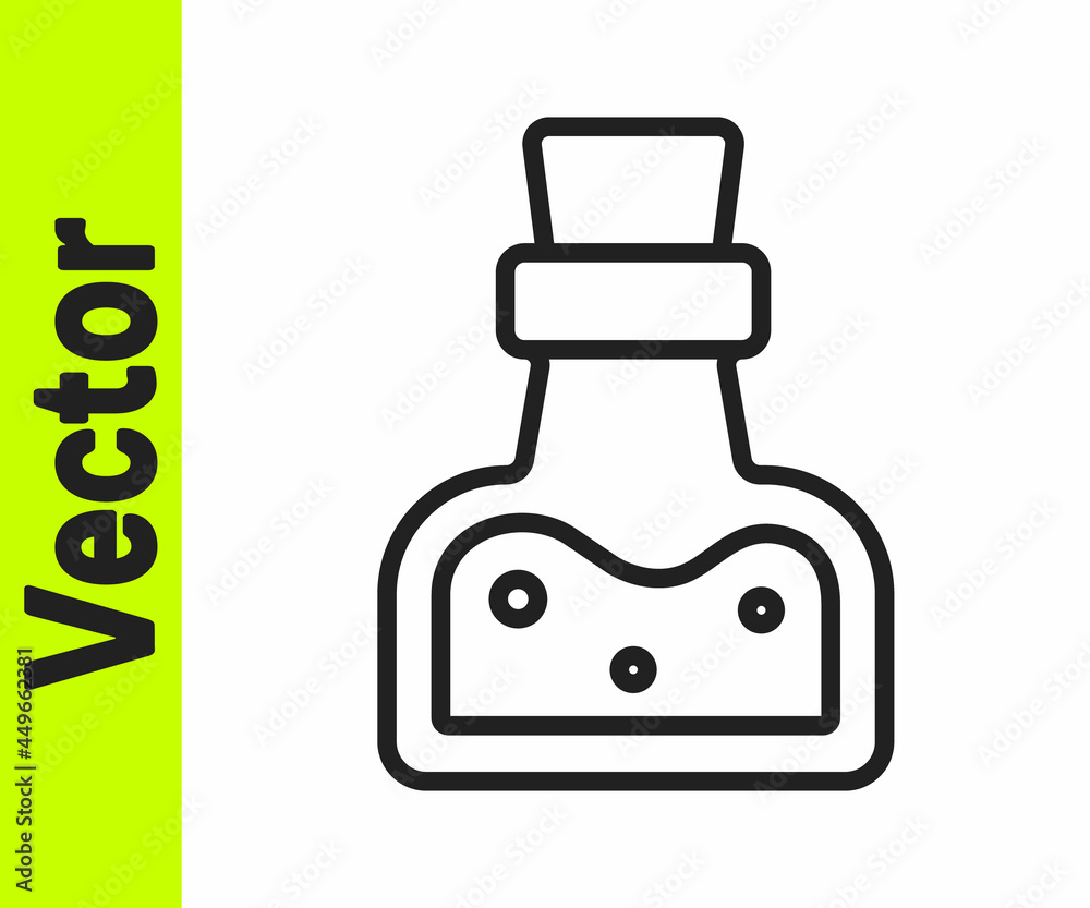 Black line Bottle with potion icon isolated on white background. Flask with magic potion. Happy Halloween party. Vector