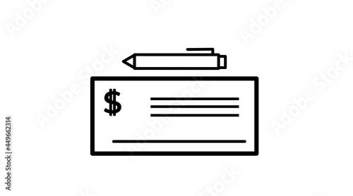 Money Check Icon. Vector isolated editable illustration of a check and a pen with a dollar sign
