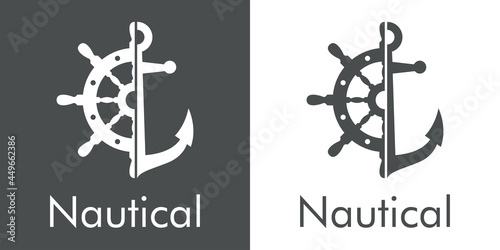 Logotipo con texto Nautical y ancla con timón de barco en fondo gris y fondo blanco 