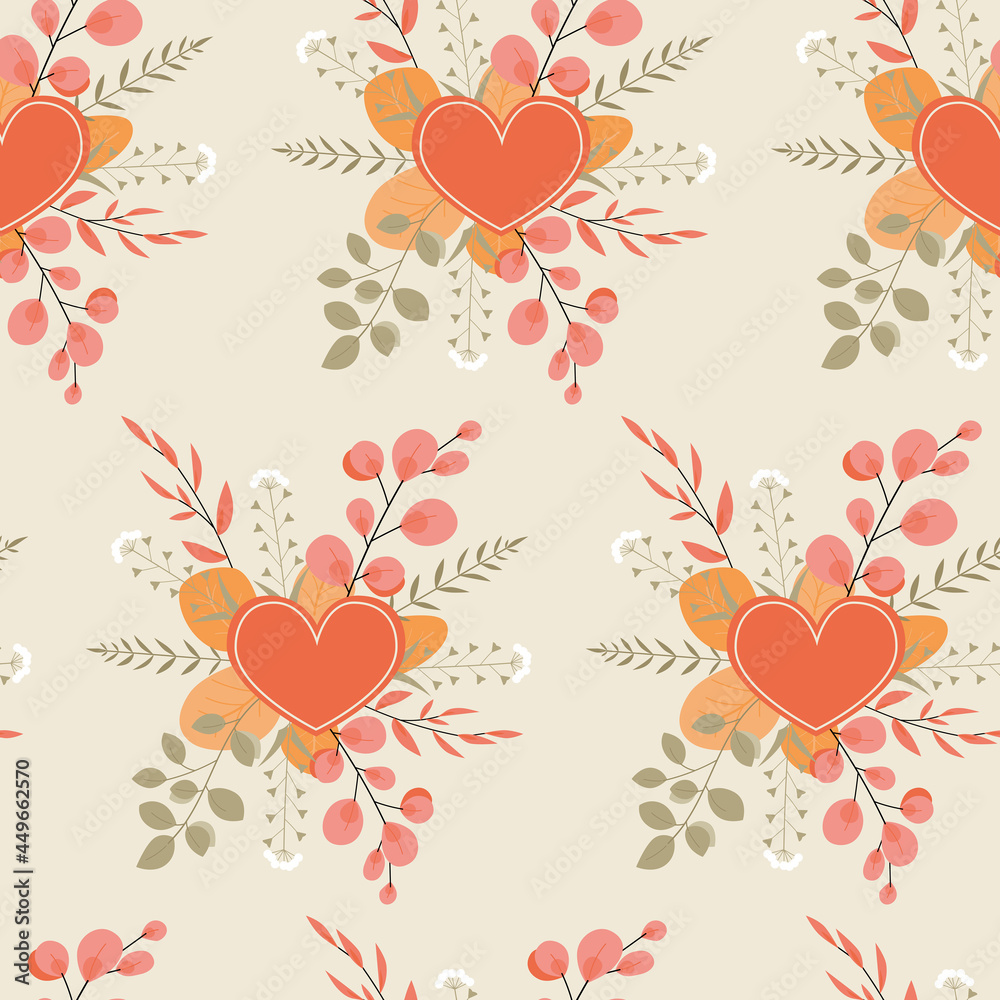 Autumn seamless pattern with a composition of red and orange leaves, dried flowers and hearts