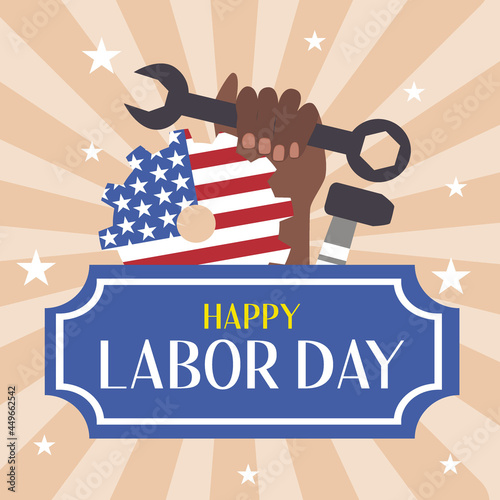 Labor Day banner with stars, tools and a black female fist with a wrench and an American flag. American Labor Day, banner beige background. Vector illustration.