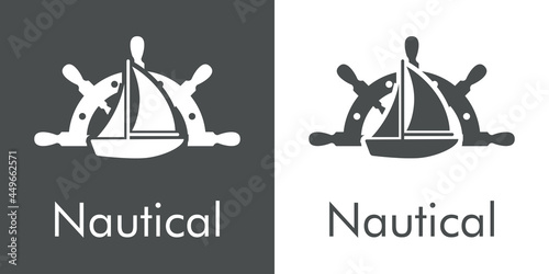 Logotipo con texto Nautical y barco de vela en timón de barco en fondo gris y fondo blanco