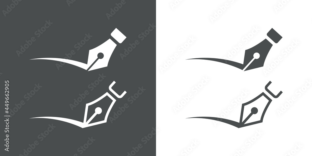 Logotipo pluma caligrafía con línea dibujada a mano en estilo contorno y relleno en fondo gris y fondo blanco