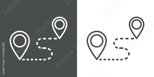 Icono plano con hoja de ruta con línea de puntos entre marcadores de posición en fondo gris y fondo blanco photo