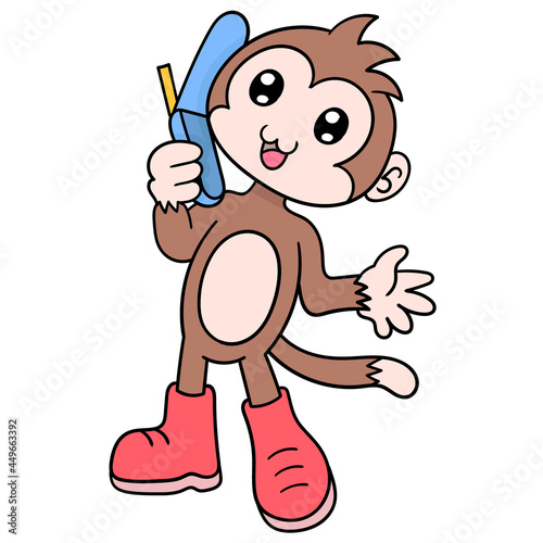 happy faced monkey is communicating via cellphone, doodle icon image kawaii