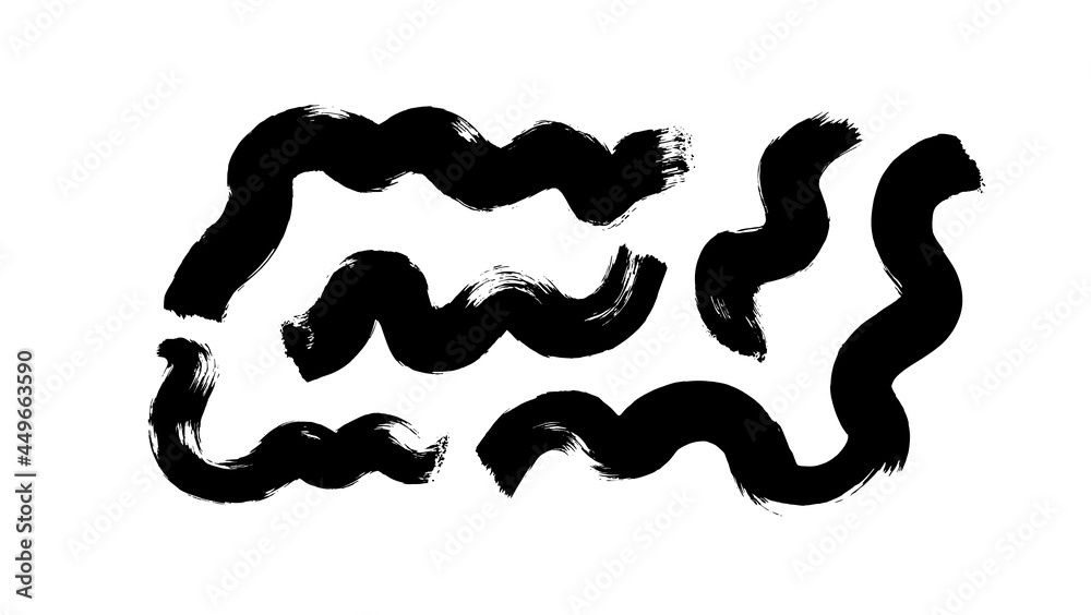 Black paint wavy brush strokes vector collection. Dirty curved lines and wavy brushstrokes. Ink illustration isolated on white background. Modern grunge brush lines. Calligraphy smears, stamps. Black paint wavy brush strokes vector collection. Dirty curved lines and wavy brushstrokes. Ink illustration isolated on white background. Modern grunge brush lines. Calligraphy smears, stamps.