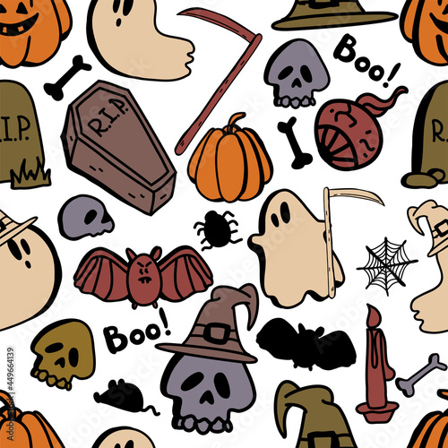 Vector seamless pattern of halloween clipart.  hand drawn Doodle pattern about the Halloween day. Funny, cute background for design, textile, decoration kids playroom or greeting card.