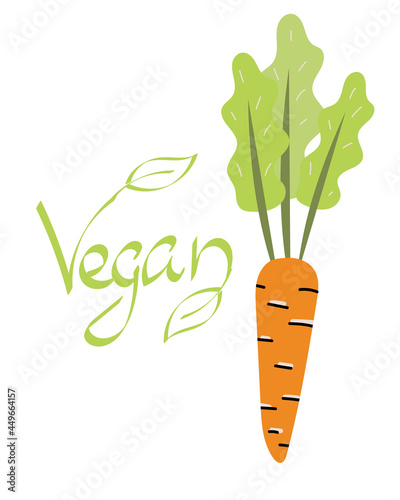 Logo for vegetarianism. Carrots and green text. The emblem of organic vegetables and fruits, ecology, healthy food. Vector