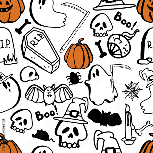 Vector seamless pattern of halloween clipart.  hand drawn Doodle pattern about the Halloween day. Funny, cute background for design, textile, decoration kids playroom or greeting card.