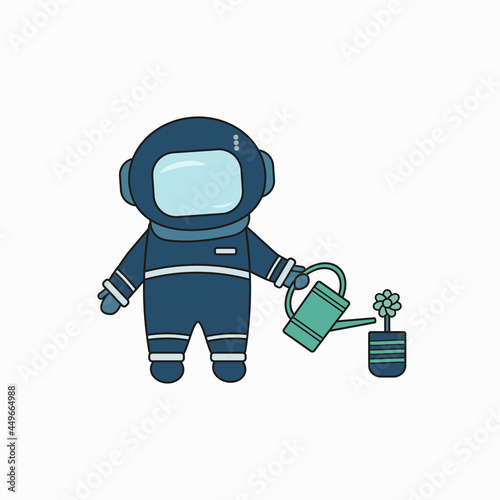 The robot is watering the flowers. A robot housekeeper takes care of the flowers. A robot with a watering can in his hand. Vector illustration of a flat design. Horizontal layout. Future, support, eco