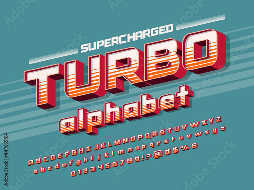 vintage sport racing styled alphabet design with uppercase, lowercase, numbers and symbols
