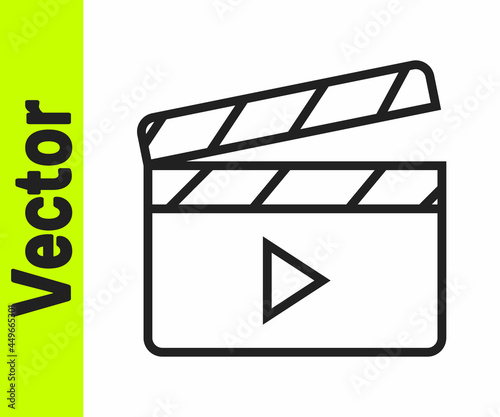 Black line Movie clapper icon isolated on white background. Film clapper board. Clapperboard sign. Cinema production or media industry. Vector