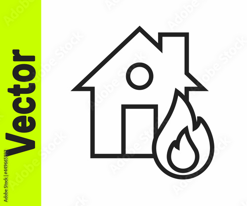 Black line Fire in burning house icon isolated on white background. Vector