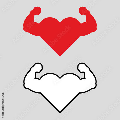 Strong heart icon. Vector illustration of heart with muscular arms. Good health and shape concept. Fitness, sport symbol.