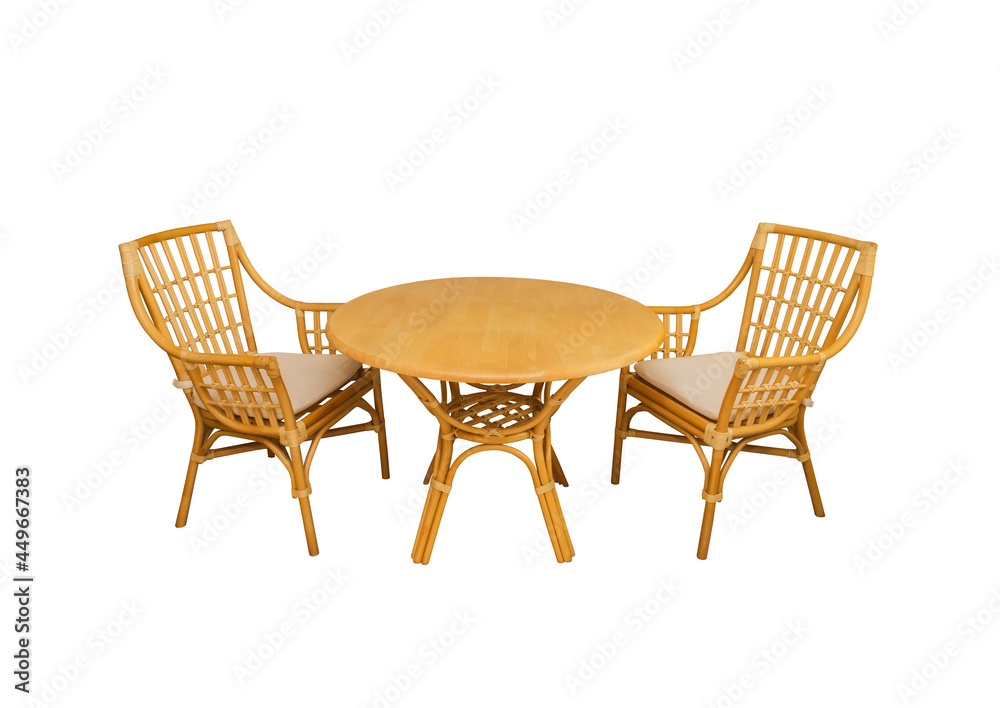 Wooden table and two chairs on a white background