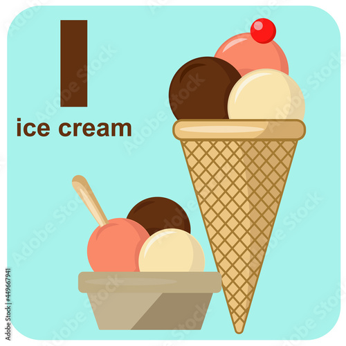 The alphabet cube with the lette I ice cream. Vector illustration on the theme of games and education.